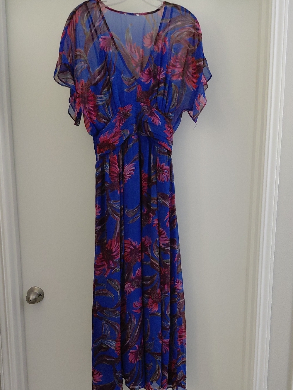 Blue Floral Maxi Dress with Flutter Sleeves